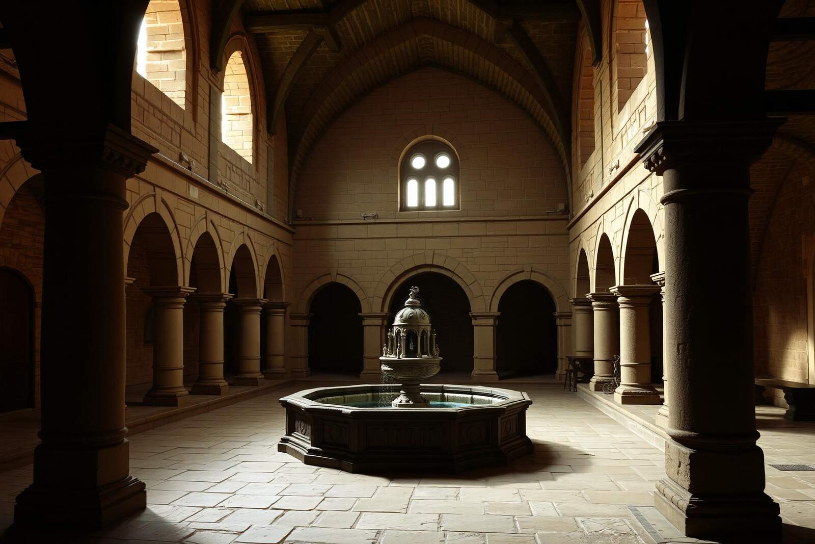 Steingewölbe und Bogengänge um einen Innenhof eines mittelalterlichen Johanniter-Baus mit zentralem Brunnen