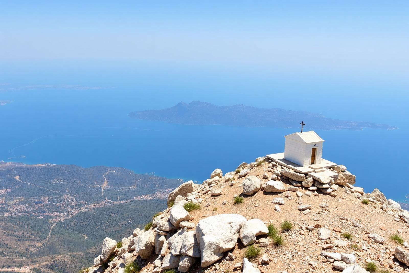 Kleine weiße Gipfelkapelle des Profitis Ilias auf dem Attavyros über dem Meer