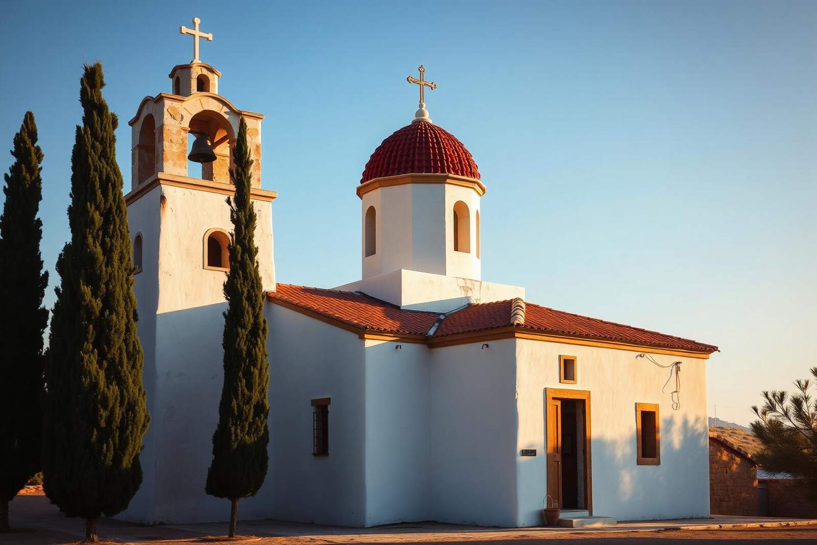 Weiß getünchte Byzantinische Dorfkirche mit rotgedeckter Kuppel, Glockenturm und Zypressen