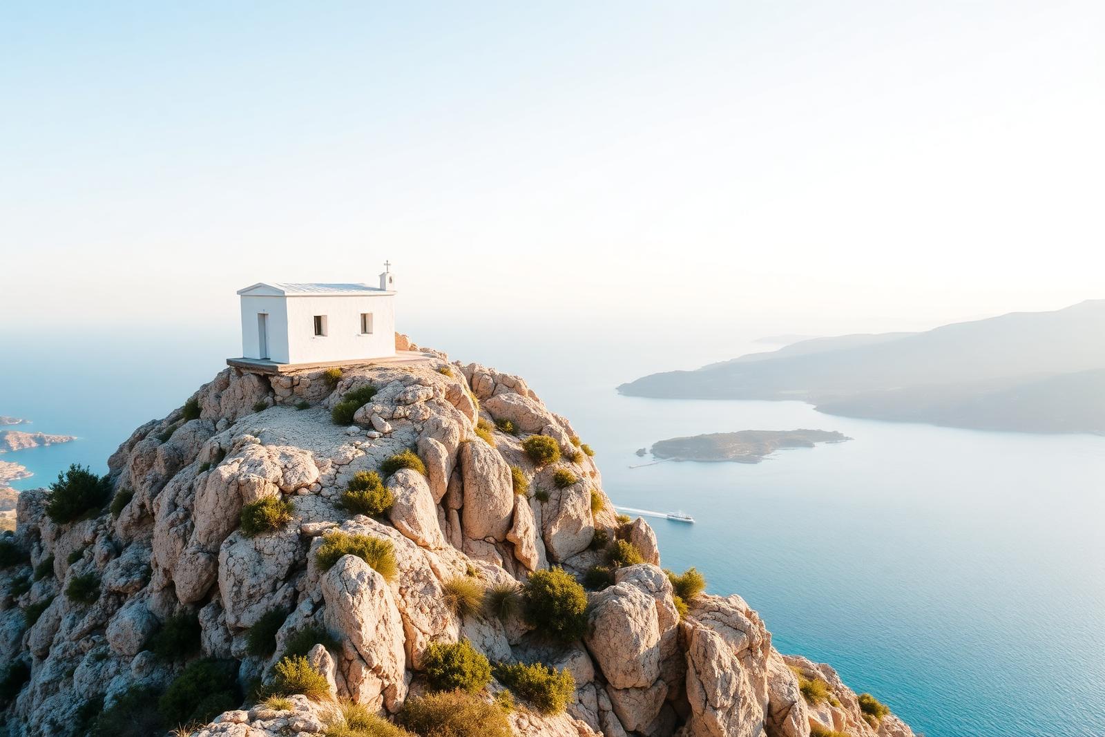 Weiße Kapelle Panagia Tsambika auf einer Felskuppe über der Ostküste