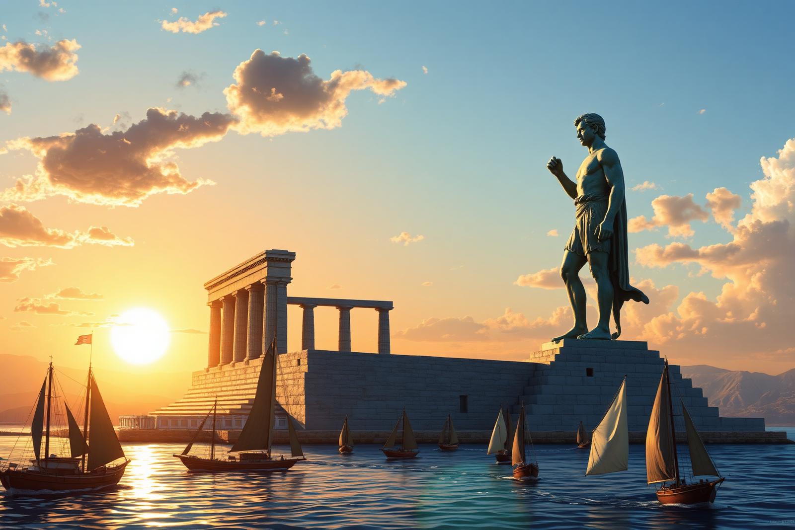 Künstlerische Darstellung des Koloss von Rhodos am Hafeneingang im goldenen Abendlicht