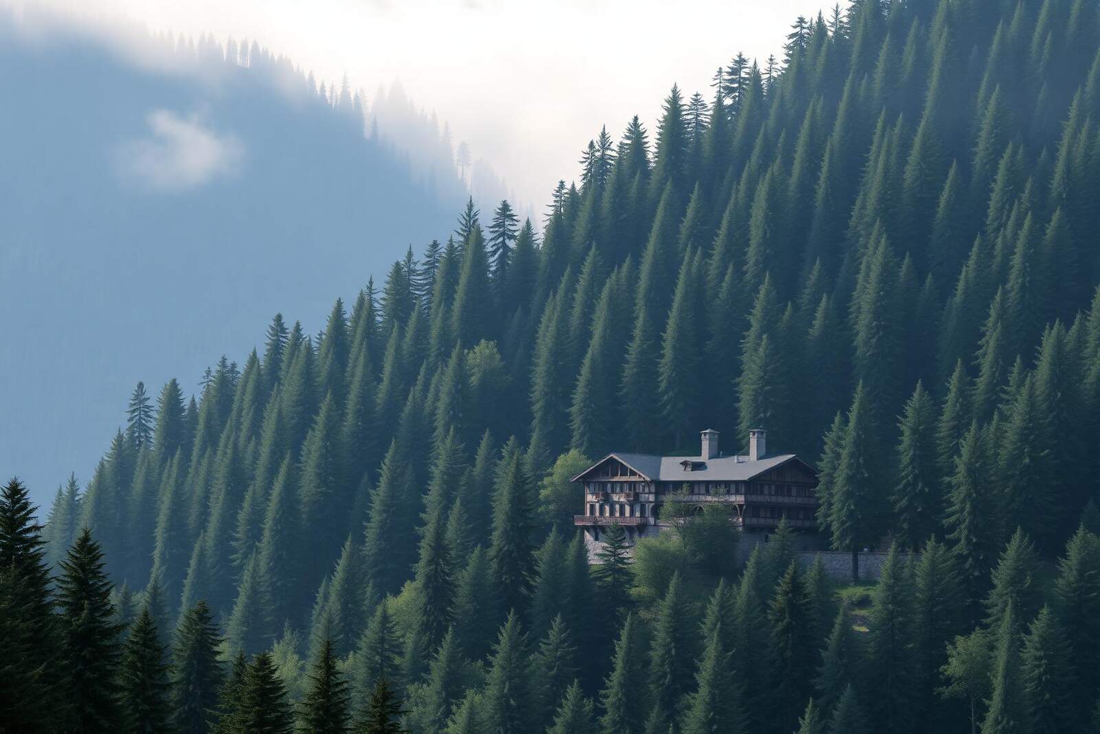 Dichte Nadelwälder an einem Berghang, darin ein historisches alpines Berghotel aus Stein und Holz
