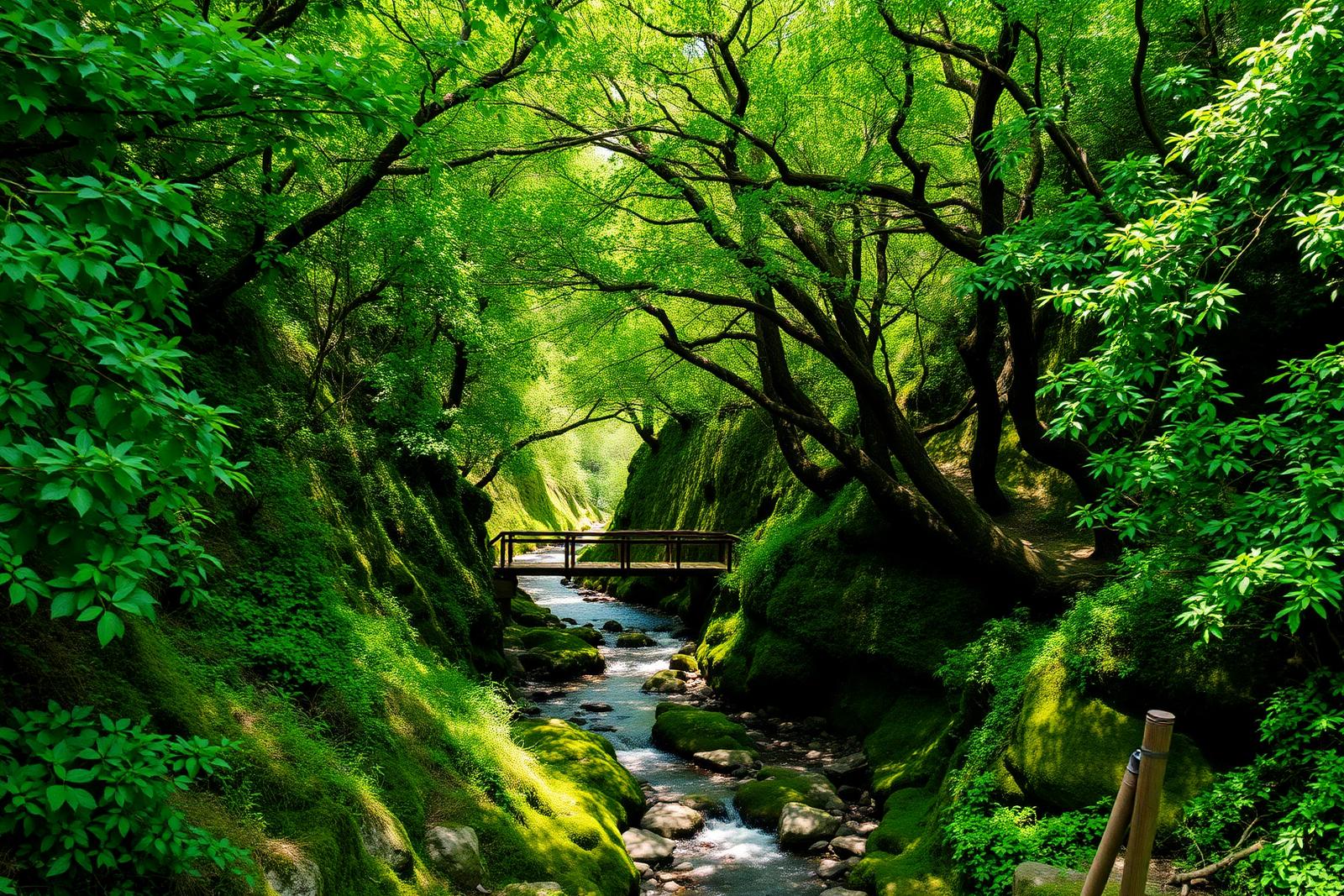 Grüne Schlucht mit Bachlauf und Holzbrücke im Tal der Schmetterlinge